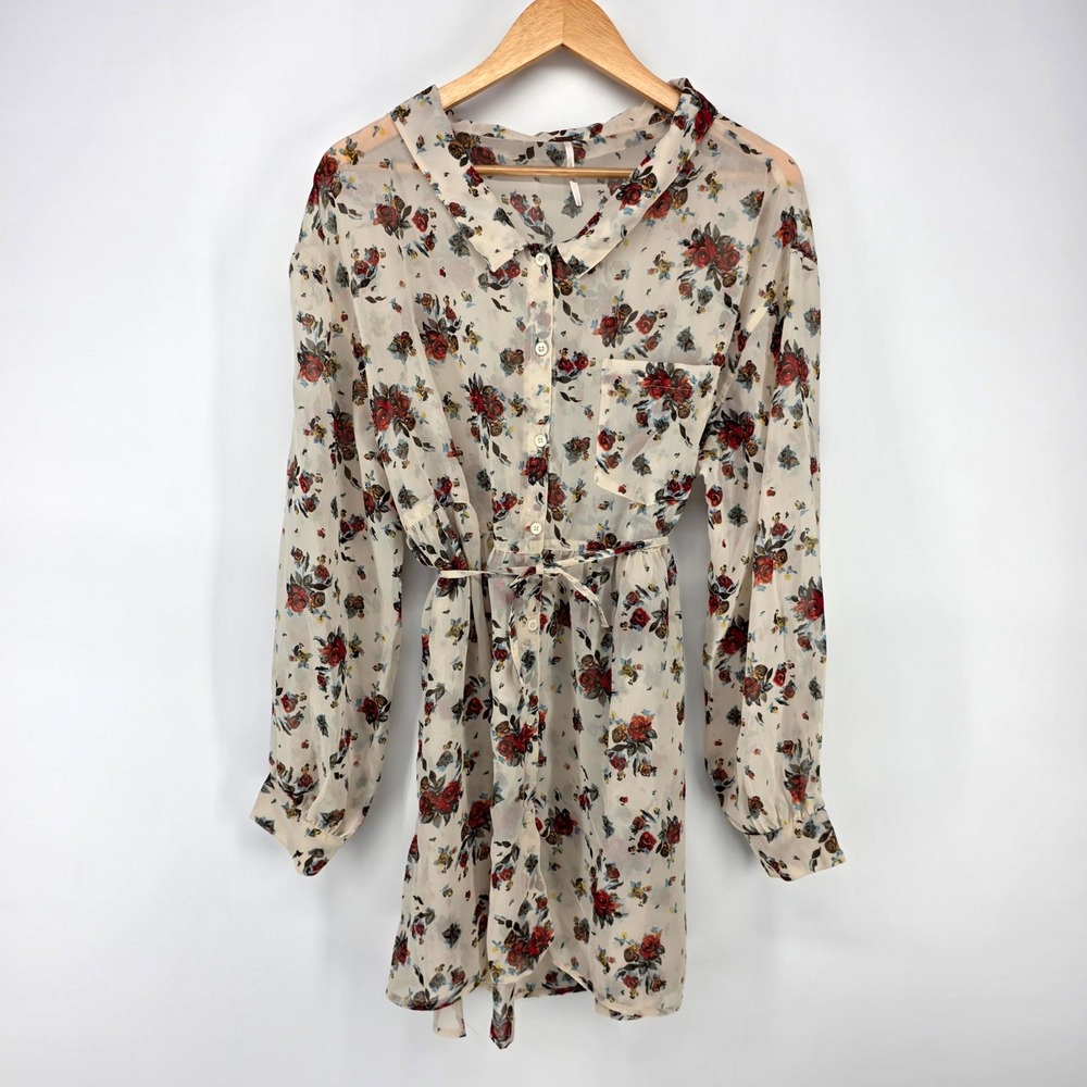 Free People Dress Women Large Cream Floral Sheer Button Down Belted Tunic Boho